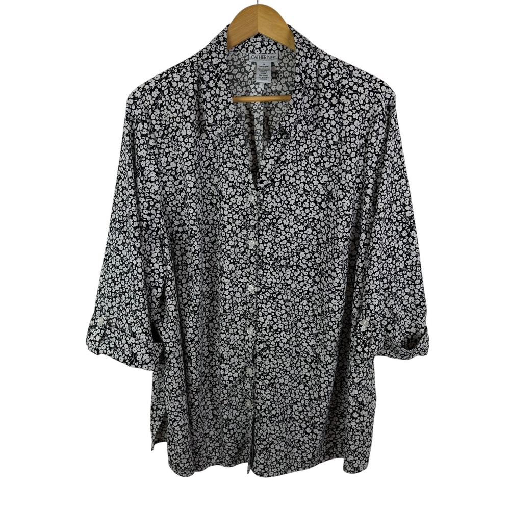 Catherines Black Floral Button Down Shirt Size 1X Comfy‎ Stretch Office Neutral